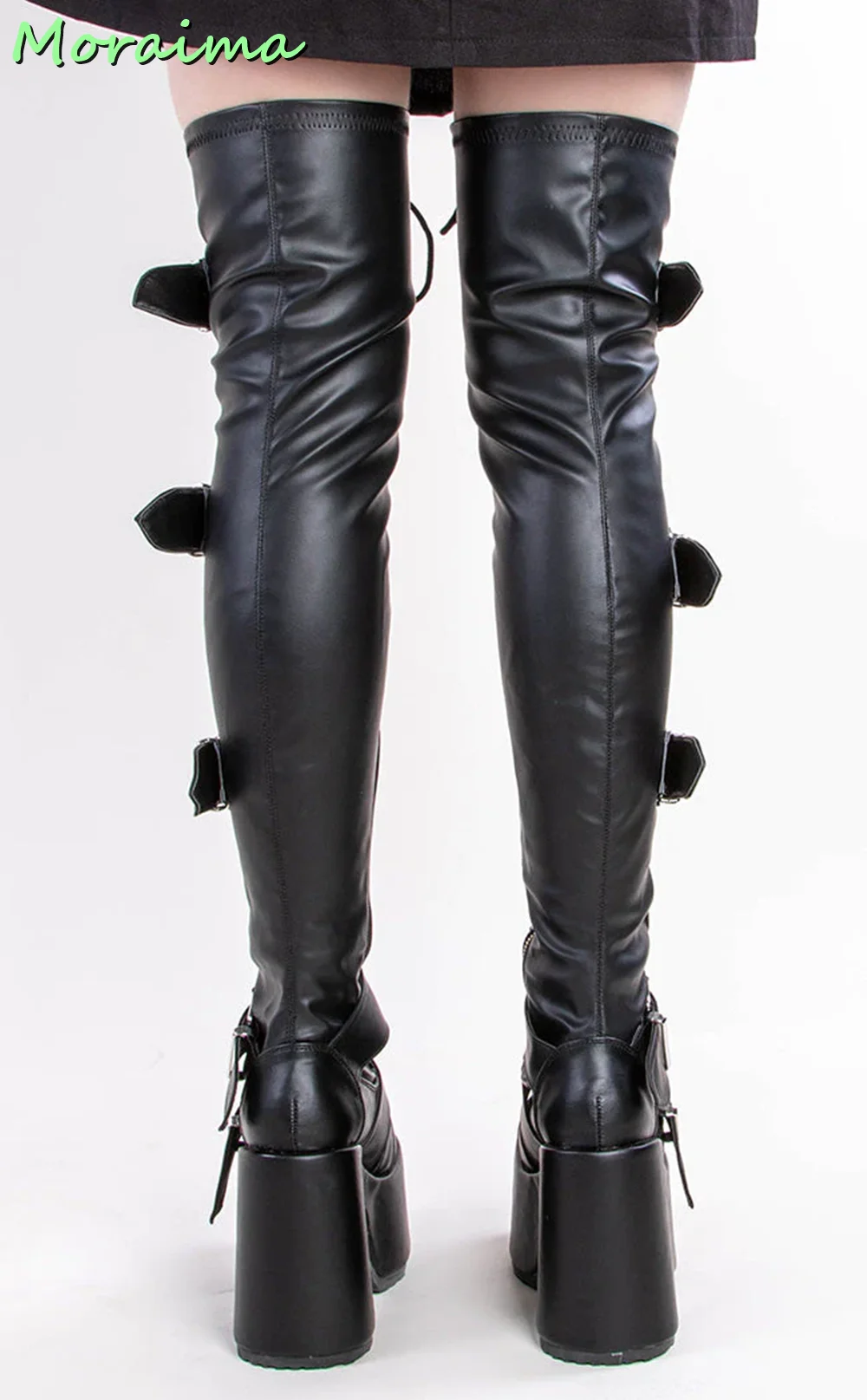 Belt Buckles Platform Thigh High Boots Front Lace Up Patent Leather Pink Solid Block Chunky Heel Fashion Women Shoes Winter 2022