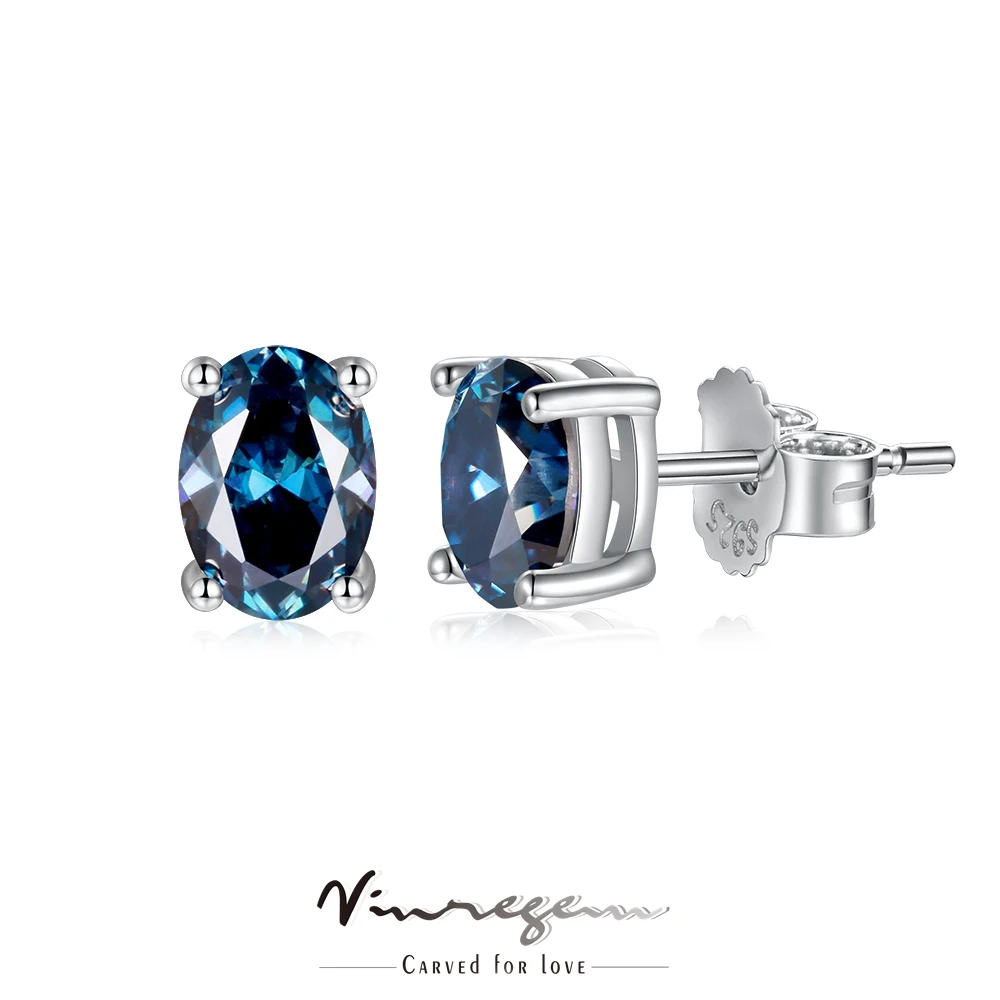 

Vinregem 925 Sterling Silver Oval 100% Pass Test Diamond 2CT Blue Real Moissanite Stud Earrings for Women Men Gift Drop Shipping