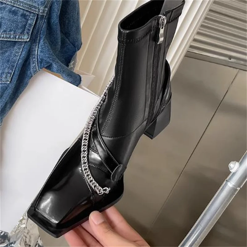 

Chains Shoes for Ladies Black Belts Churry High Heels Square Toes Ankle Elastic Boots Side Zippers Femme Botas Zapatos De Mujer
