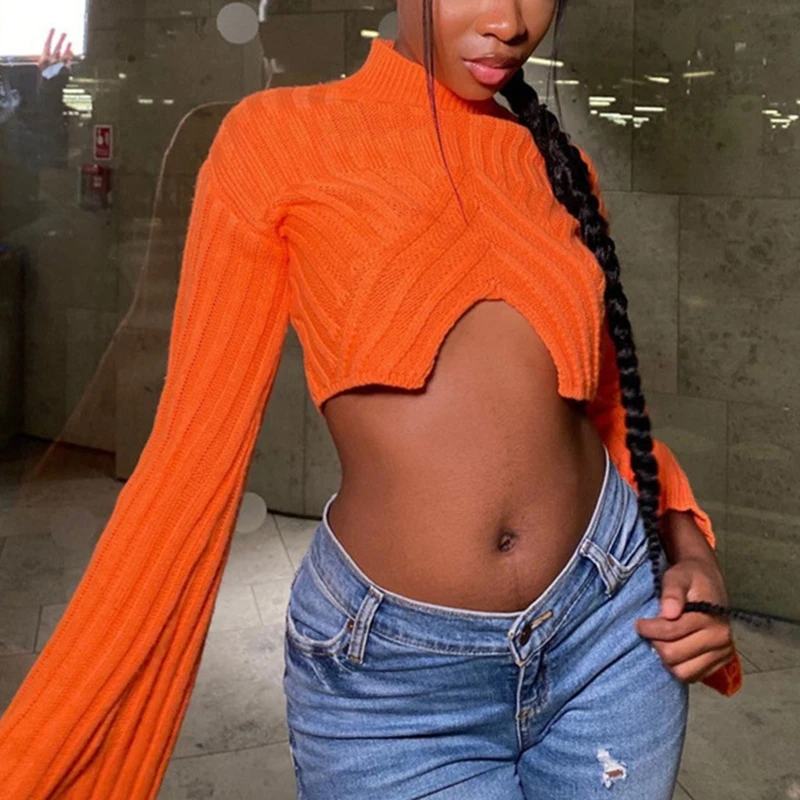

Женский укороченный свитер, однотонный вязаный джемпер в рубчик с длинным рукавом и ложным воротником на осень