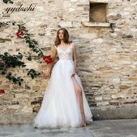 bohemian glitter v neck spaghetti straps wedding dress tulle appliques high slit bridal gown 2022 elegant beading beach party