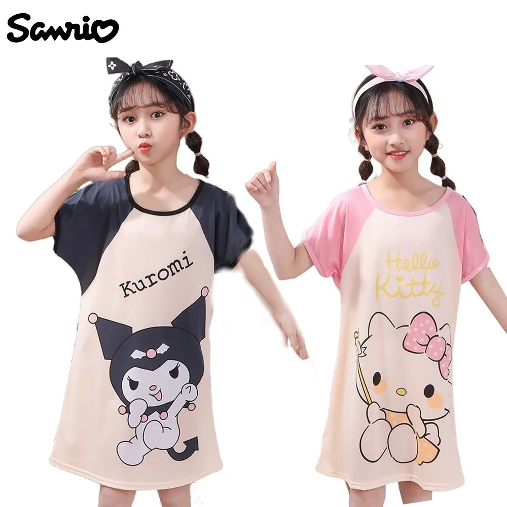 

Sanrios Anime Kawaii Hellokittys Kuromi Children Pajama Skirt Girl Spring Autumn Seasons Seasons Cartoon Home Furnishings Suit