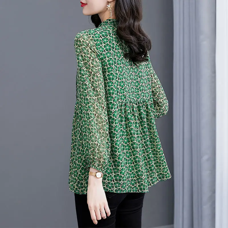 Женская шифоновая блузка с цветочным принтом зеленая Повседневная Блузка