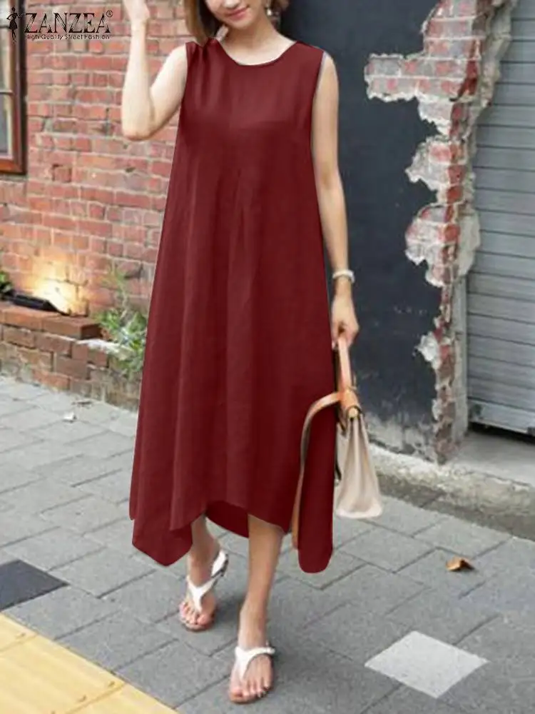 

ZANZEA Summer Women Vintage Casual Loose Dress Fashion Solid Asymmetrical Hem Vestido Robe O Neck Sleeveless Mid-calf Sundress