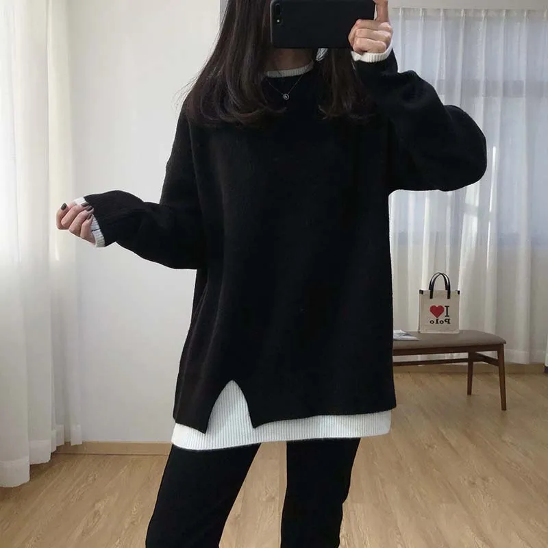 Женские свитера из двух частей в стиле пэчворк корейский сле черно-белый большой