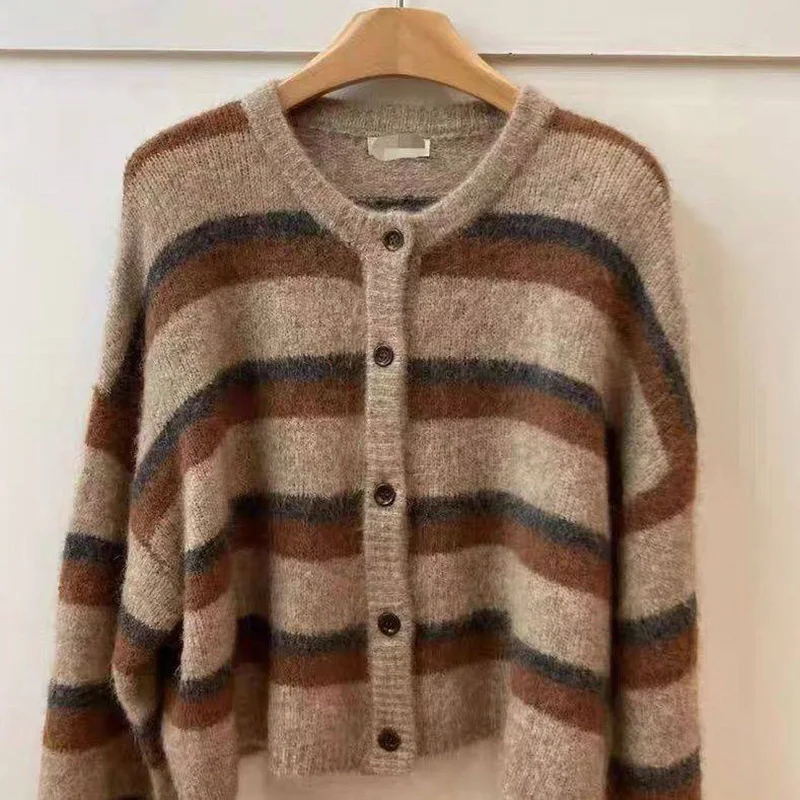 Женский винтажный кардиган в полоску с круглым вырезом и длинным рукавом