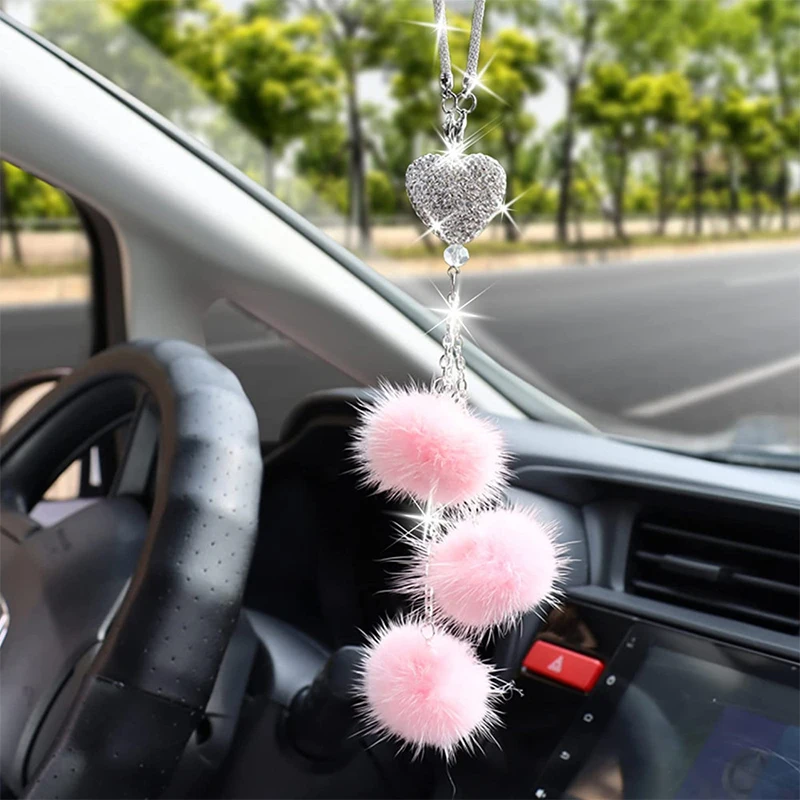 

1Pc Rhinestone Car Hanging Ornaments Car Rearview Mirror Hair Ball Pendant Diamond Love Car Pendant Car Decoration Accessories