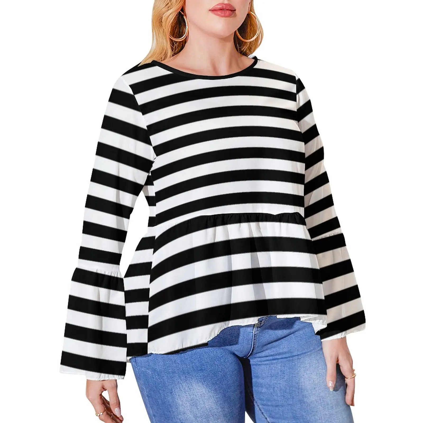 

Classic Striped Vintage T Shirt Horizontal Black Stripes Pretty Ruffled T Shirts Lady Korean Fashion Tshirt Plus Size Print Tops
