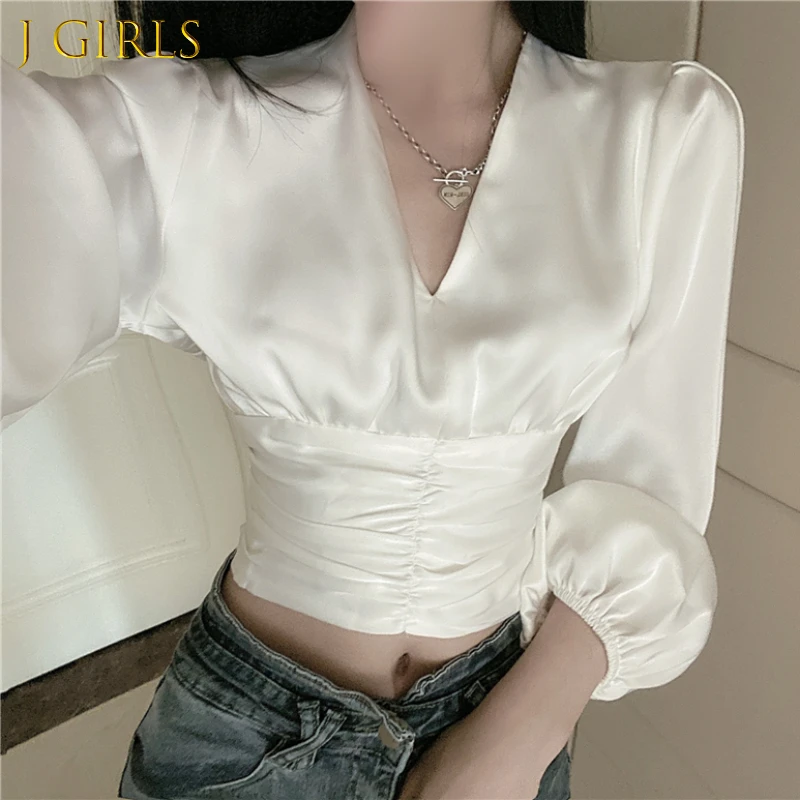 

Blouses Women Crop Top V-neck Solid Slim Spring Simple All-match Fashion Ulzzang Leisure Retro Party Harajuku Femininon Clothes