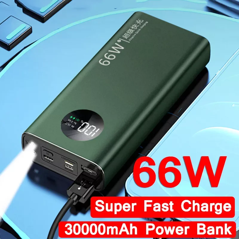 

NEW 30000mAh Super Fast Charge Power Bank 66W Digital Display External Battery Charger with Flashlight 2 Output for iphone