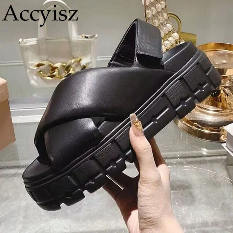 

2023 Summer Flat Thick Sole Genuine Leather Open Toe Sandals Women's Cross Band Platform Sandalias Outdoor Holiday Casual Shoes