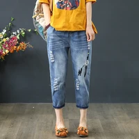 womens embroidery baggy jeans korean fashion capris pants ladies streetwear vintage chic high waist denim harem trousers