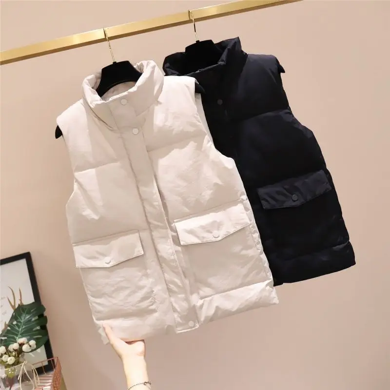 

Woman Stand Collar Cotton Padded Vest Female Fashion Sleeveless Jacket Warm Padded Waistcoat Ladies Solid Windproof Vests G199