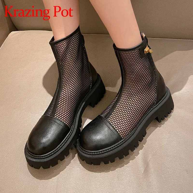 

Krazing Pot 2022 new arrival summer boots cow leather round toe med heel back zip classic colors breathable cozy ankle boots L10