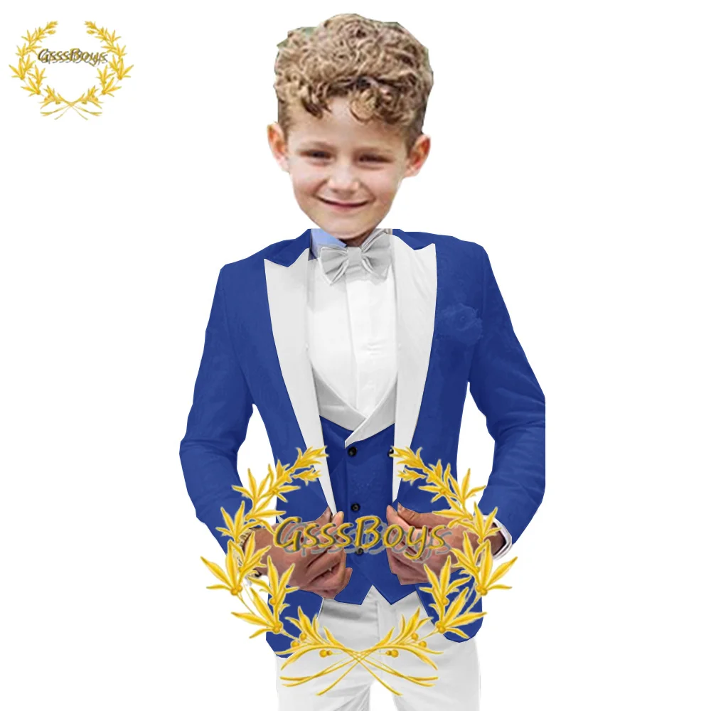 Floral Boy Suit 3 Piece Wedding Tuxedo for Kids Party Formal Jacket Pants Vest Point Lapel Slim Fit Clothes Jacquard Blazer Set