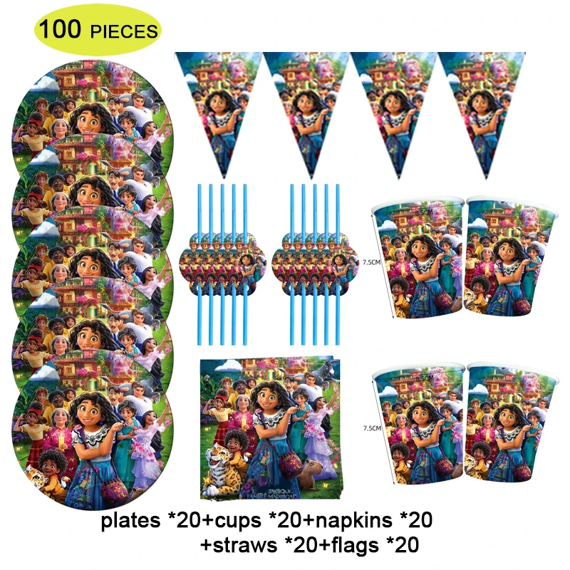 

100pcs Disney Pixar Encanto Mirabel Birthday Decorations Party Disposable Tableware Paper Plates Cups Napkin Supplies for Kids