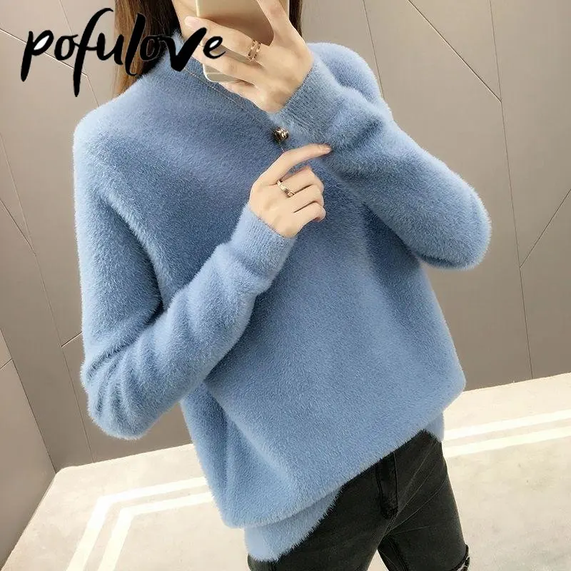 

Мохеровый свитер, Женская водолазка, однотонный Свободный теплый пуловер, вязаный свитер с длинными рукавами, повседневная одежда на осень и зиму