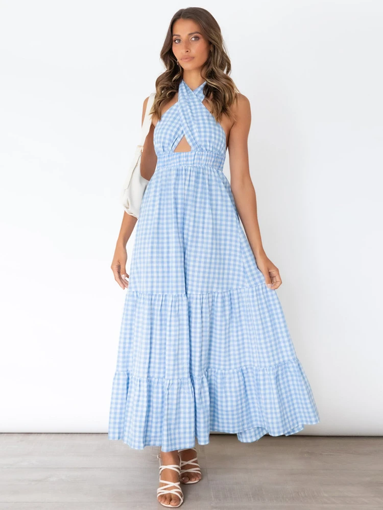 

2022 Women's Summer Backless Dress Female Fashion Elagant Long Plaid Plus Size Midi Dresses Woman Beach Wear