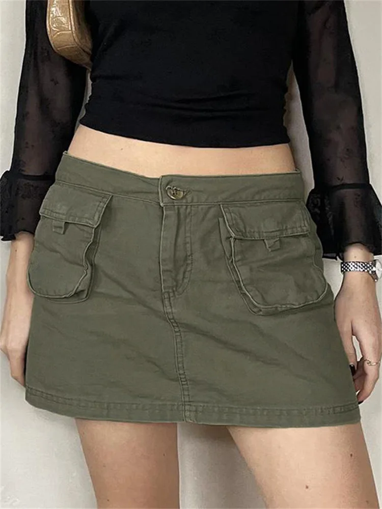 

hirigin Fashion Kawaii Low Waist Pockets Mini Skirts Army Green Vintage Pencil Skirts Y2K Fairycore Grunge Harajuku Streetwear