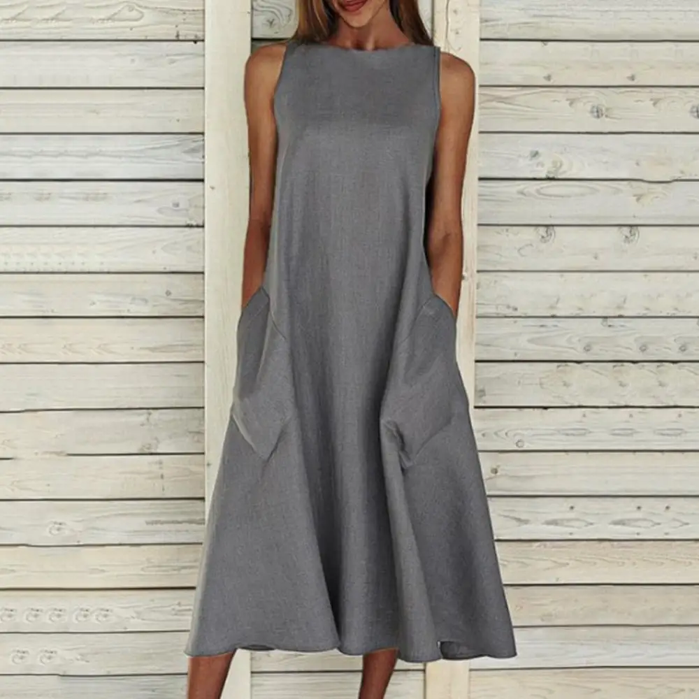 

Solid Color Loose Dress O Neck Dress Women Long Dress Loose Sleeveless Vintage Pockets Large Hem Long Dress