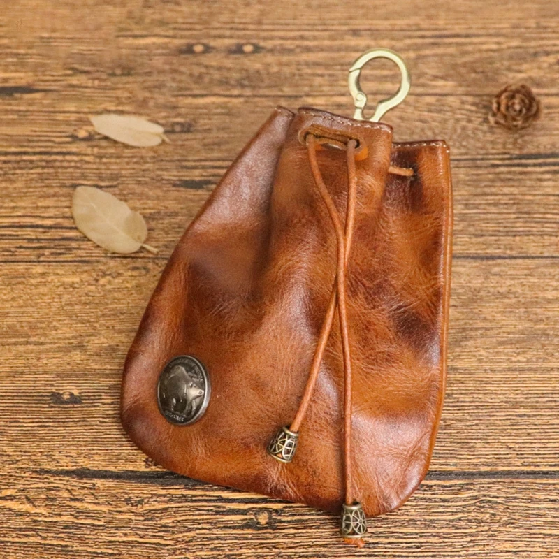 

Holder Vintage Bag Small Women Storage Drawstring Card Purse Men With Coin Leather For Case Pocket Handmade Genuine Keyring