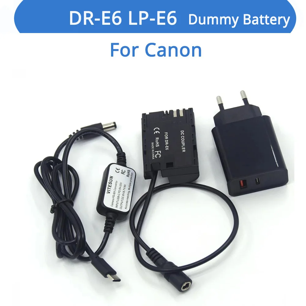

PD Charger USB-C DC Cable DR-E6 Coupler LP-E6 Dummy Battery Full Decode For Canon EOS 60Da 70D 80D 5DS R 5D Mark IV III 5D4 5D3