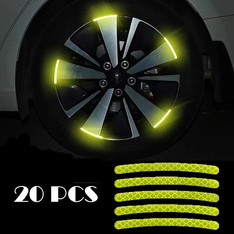 

20pcs Auto Wheel Hub Reflective Stickers Anti Scratch Body Decorative Rim Tape Strips Warning Passing for Car Motorcycle Bicycle