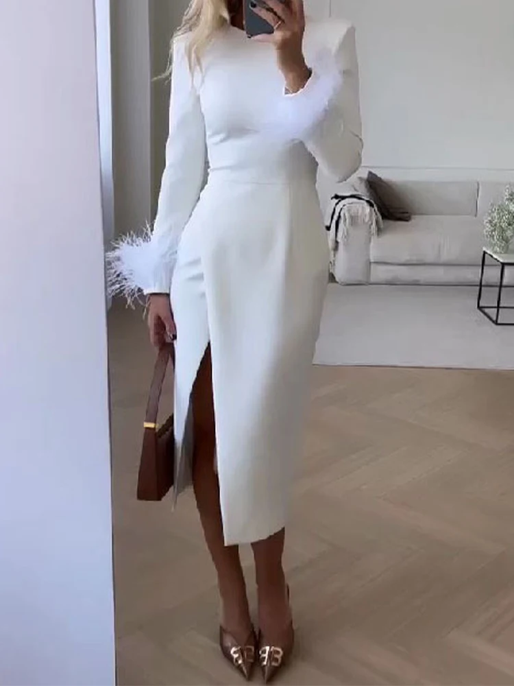 

OMSJ Fashion Elegant Women White Slit Midi-length Dress Long Sleeves High Waist Round Neck Feather Cuff Long Sleeve Office Dress