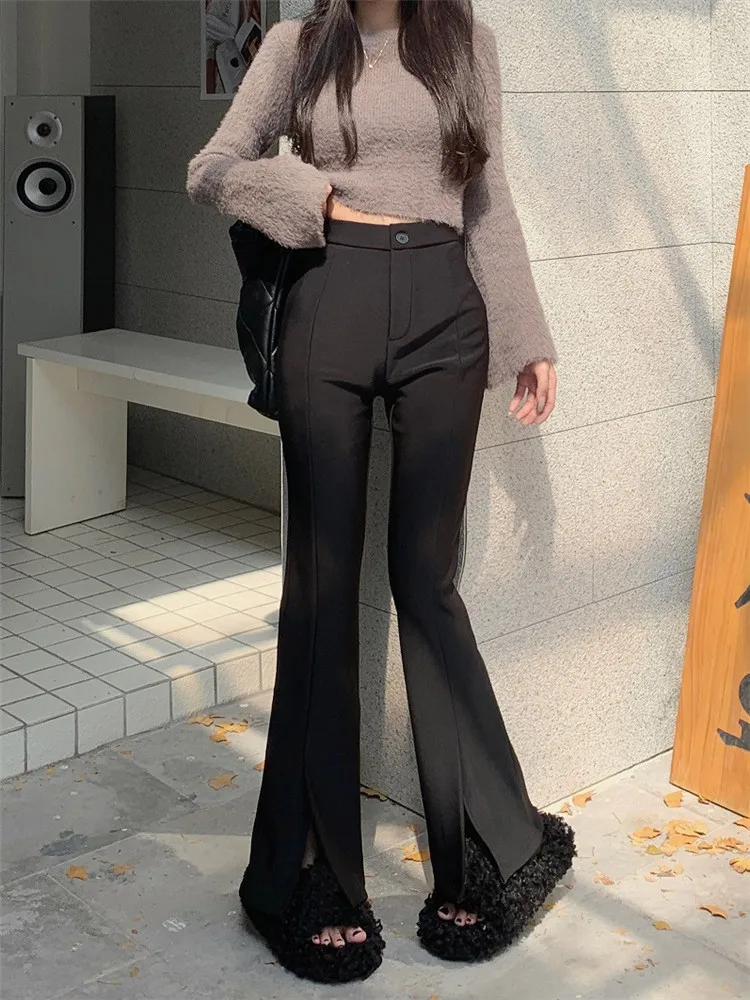 Plush Thickened Trousers For Women's Suit Pants Autumn And Winter Black Micro Horn Trousers High Waist Wide Leg Pants