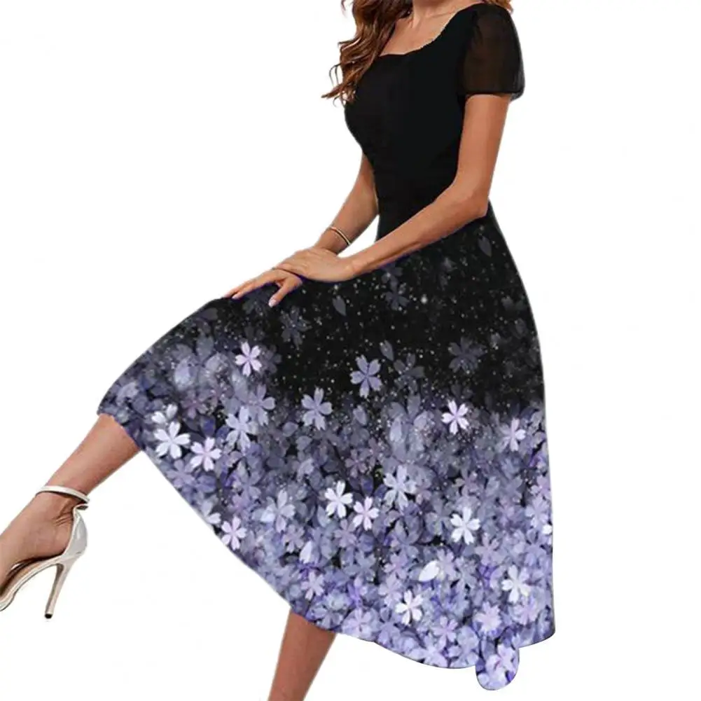 

Elegant Women Long Dress Square Neck Short Sleeve Flower Printing Lady Dress for Dating Party Casual Female Vestidos 2022 Summer