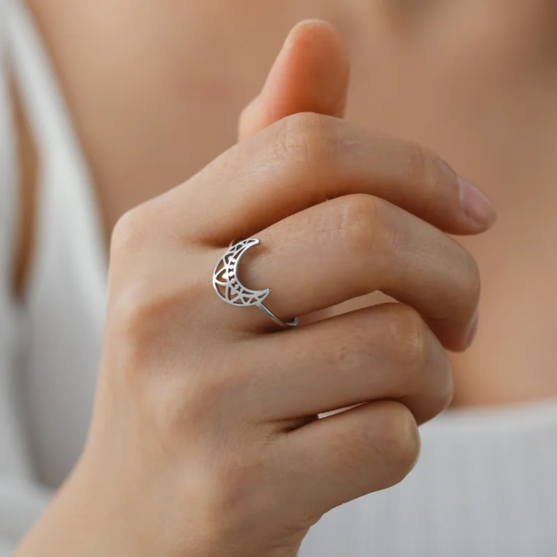 Crescent Moon Lotus Ring Stainless Steel Women's Finger Rings  New In Fashion Wedding Jewelry Gift