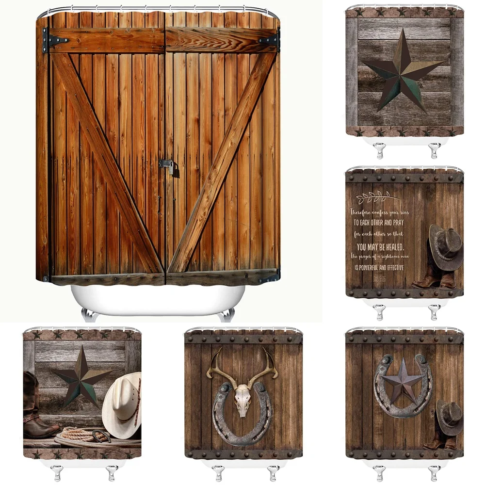 

Western Cowboy Boots Fabric Shower Curtain Country Farm House Rustic Grey Wooden Barn Door Texas Star Bath Curtain For Bathroom