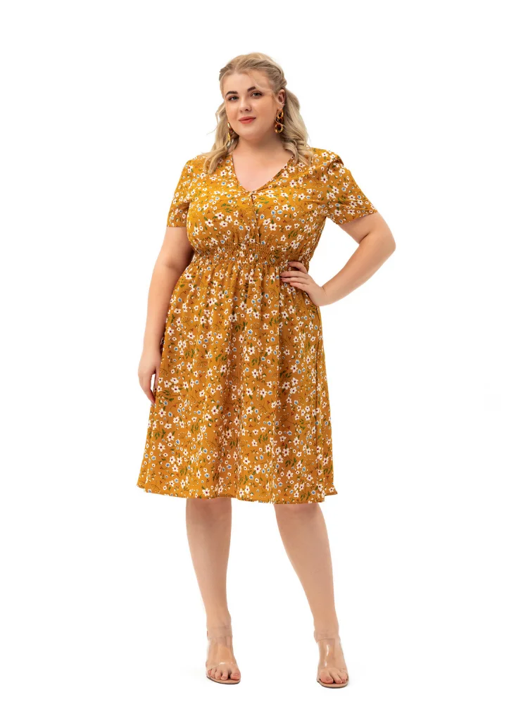 Plus size women summer new short-sleeved printed dress factory direct approval  plus size feminino  party dresses