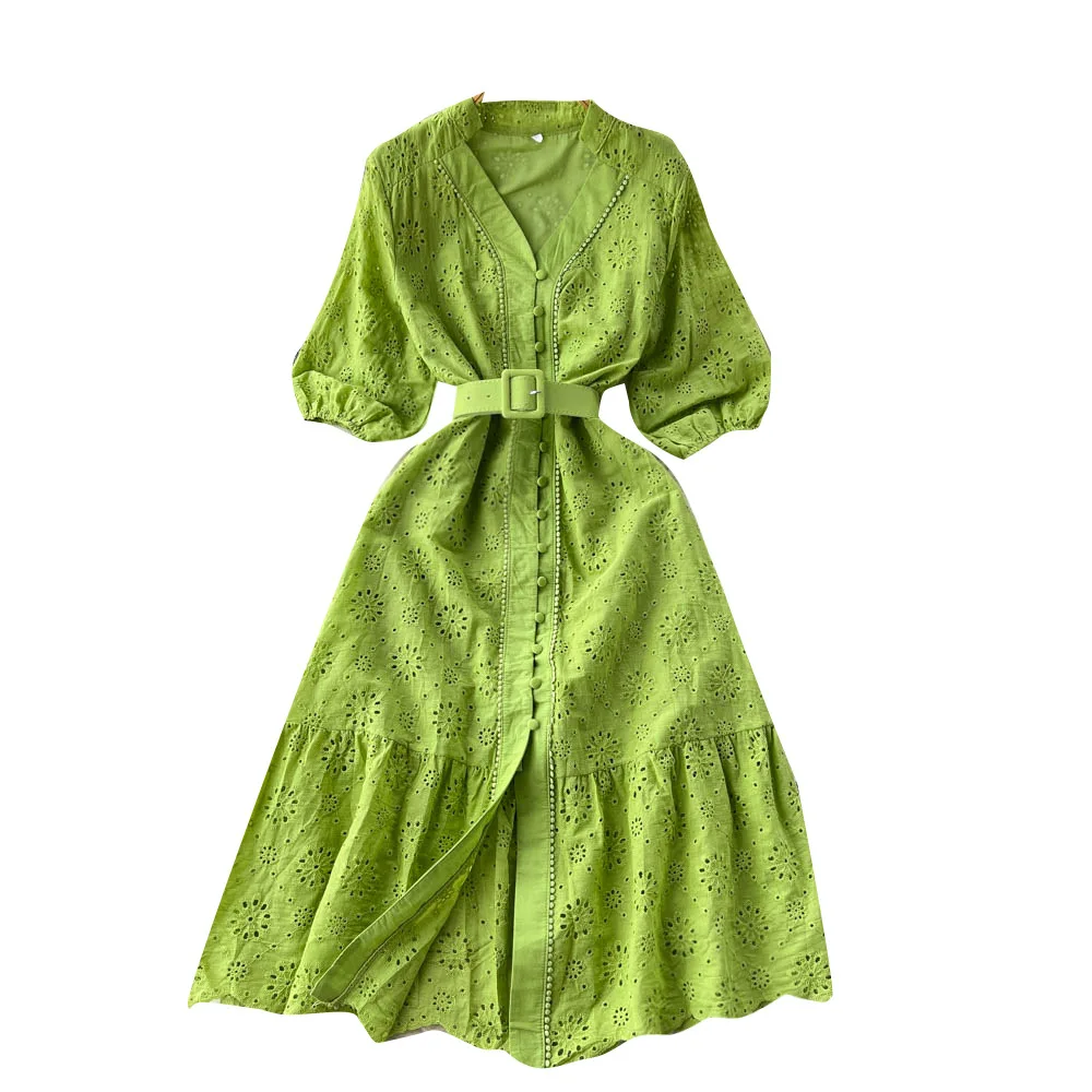 

Short-sleeved V-neck Hollow Puff Sleeve Solid Color Casual Loose Embroidery Light Familiar Style Summer Ruffled Mid-length Dress
