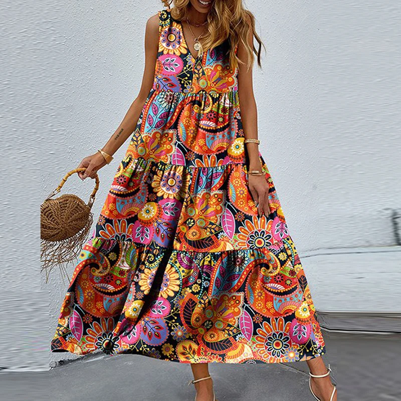 Платье женское длинное с V-образным вырезом повседневное винтажное пляжное