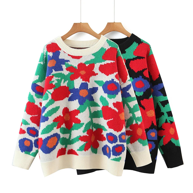 

Runway Luxury Autumn Winter Knitting Pullovers Women'S High Quality Floral Embroidery Casual Loose White Black Sweater