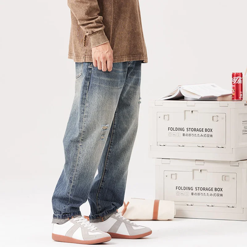 Men Clothing New Pattern 2022 Port Breeze Vintage Hole Blue Jeans Recreational Straight Cylinder Loose Trousers Autumn Female