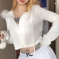 womens autumn long sleeved hoodie cardigan fluffy plush patchwork pompom drawstring sweater coat solid color slim white sweater