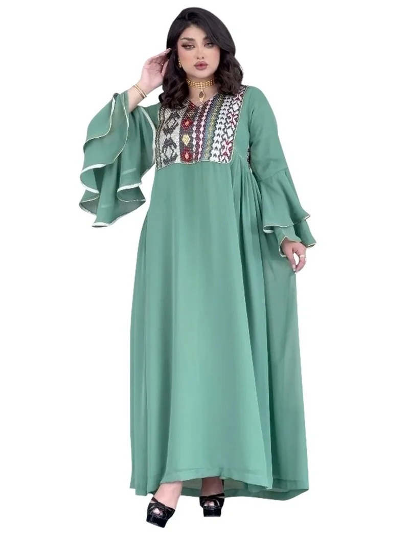 Women High Waist Flare Sleeve Loose Robes Fashion New Print Patchwork Jalabiya Abaya Muslim Ramadan Dress 2022