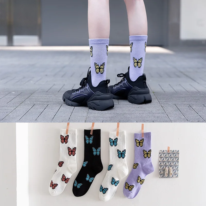

Новинка женские носки средней длины Носки с рисунком бабочки в японском стиле дышащие поглощающие пот модные носки для пар