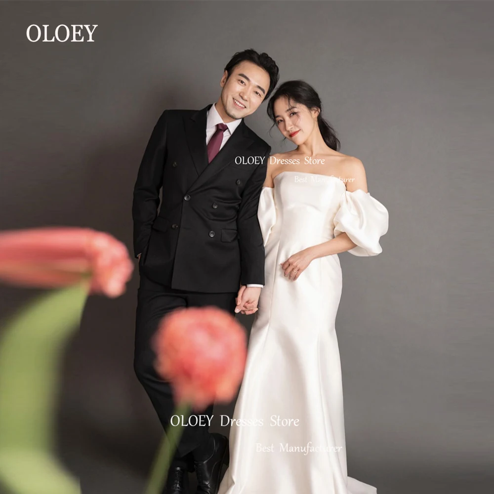 

OLOEY простые плотные атласные корейские свадебные платья русалки с пышными короткими рукавами для фотосъемки Свадебные платья со шнуровкой сзади