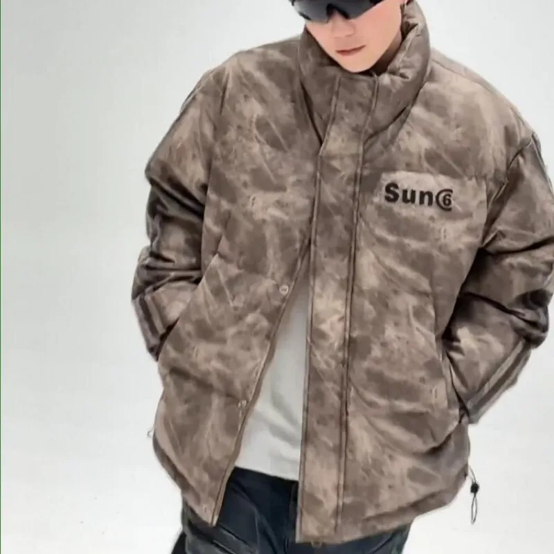 2024 новый зимний мужской пуховик-стойка модный брендовый ретро-дизайн с крашением