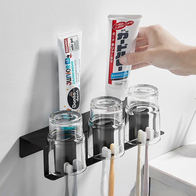 

Stainless Steel Bathroom Fixture Storage Rack Set Toothbrush Mouthwash Glass Cup Wall-mounted Punch-free Installation Waterproof
