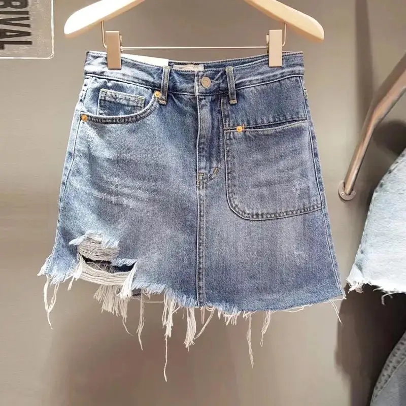 

S-3XL Women Denim Mini Skirt Korean Style Fashion Ripped Raw Edge Jean Skirts Summer Female Casual Vestido
