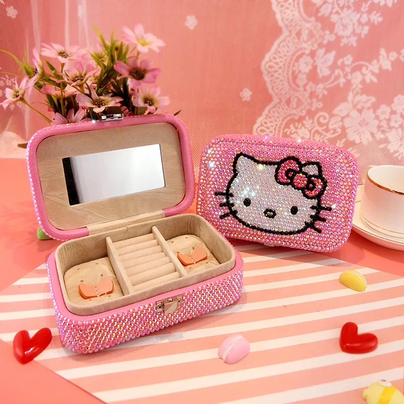 

Kawaii 7Inch Leatherwear Hello Kitty Jewelry Box Stick Drill Lovely Jewelry Bag Earrings Necklace Storage Box Jewelry Box