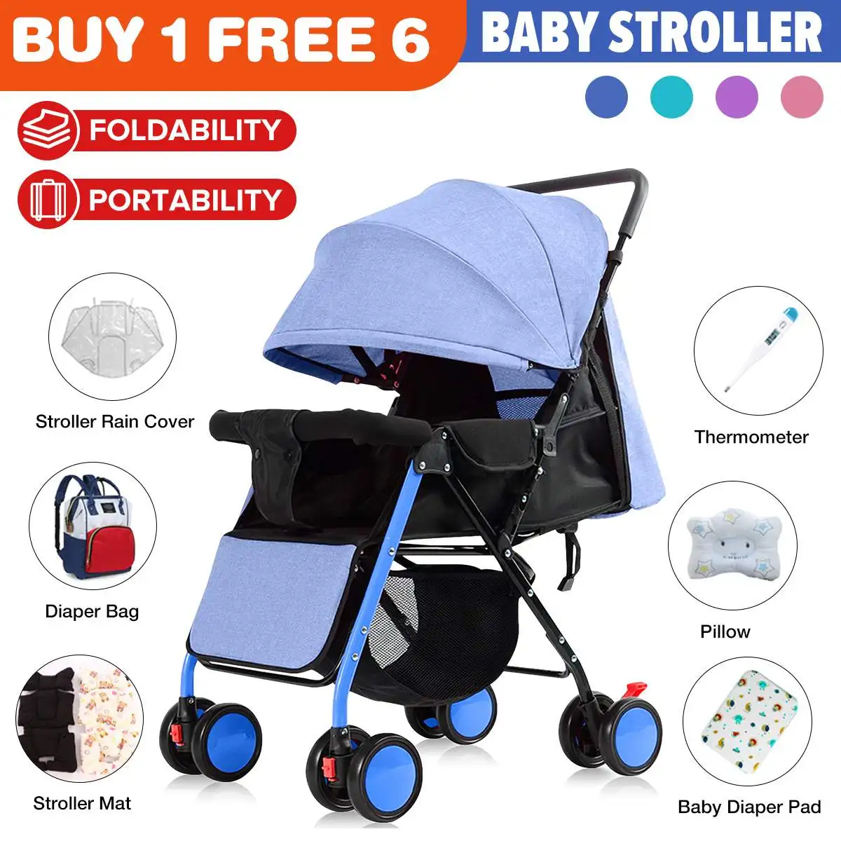 Baby Stroller Lightweight Shake-proof With Adjustable Pedal Folding Portable Baby Carriage Trolley For 0-3 Years Old Baby Car