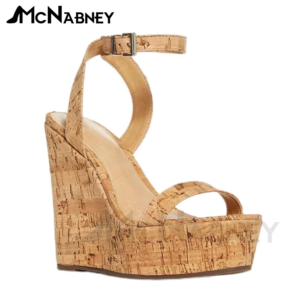 

Wood Grain Wedge Sandals Buckle Round Toe Summer Shoes Platform Concise Style Sandals Fashion Comfortable High Heels for Ladies