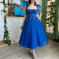 romantic deep blue organza evening dress with 3d butterful bow spaghetti strap tea length simple prom party gowns for teen girls