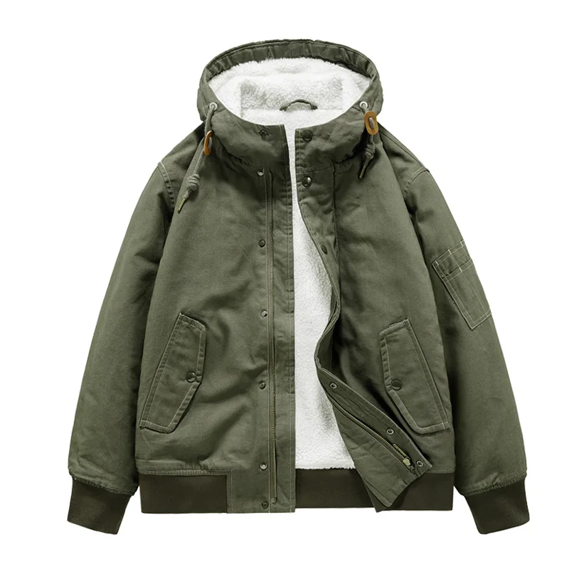 Winter Washed Cashmere Workwear Hooded Jackets Imitation Lamb Fleece Warm Jacket Outdoor Sports Casual Coats Parka Hombre