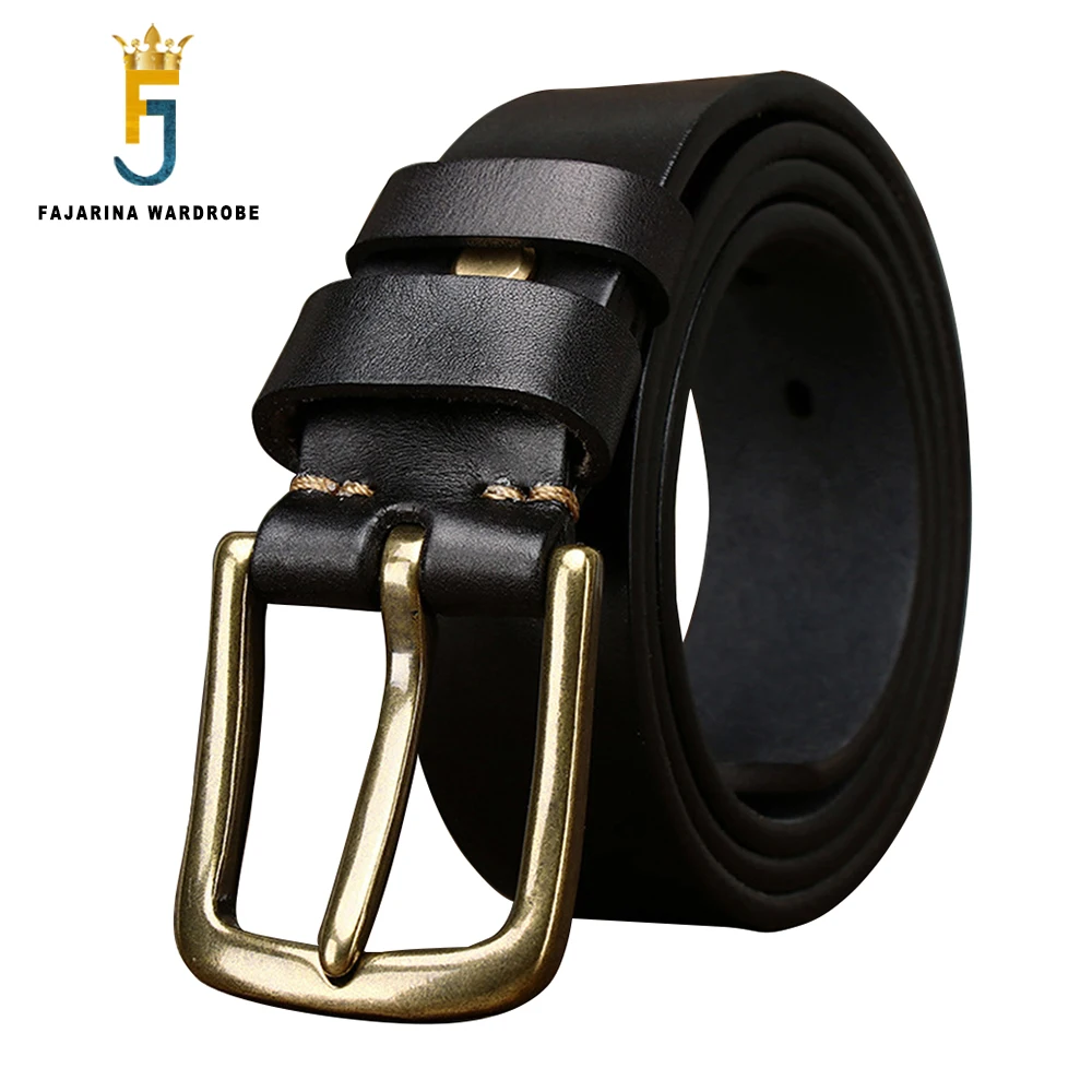 FAJARINA New Mens Cowhide Leather Top Layer Cowskin Jeans Belt Copper Buckle Male Thickened Pure Belts 10 Years Use N17FJ1214